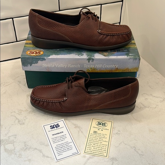 SAS Petra Mulch Brown Leather Moccasins with Rawhide Lacing and Rubber Sole - Picture 1 of 16